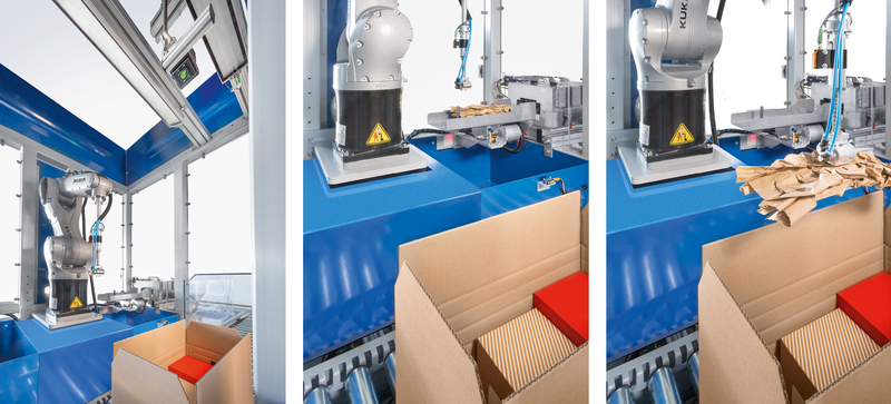 A paper cushion is placed fully automatically in a box containing goods for shipment.